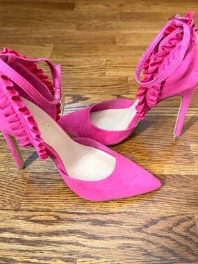 Shoe Dazzle Hot Pink Ruffle Ankle-Strap Pointed Toe Heels